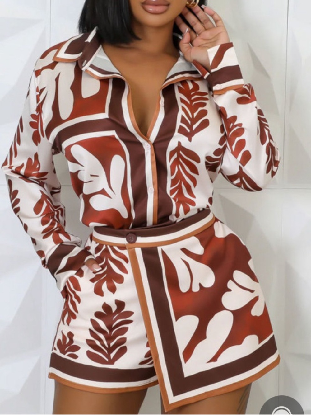 Stylish Brown & White Printed 2 piece short set Wrap Skort- Women's Skort